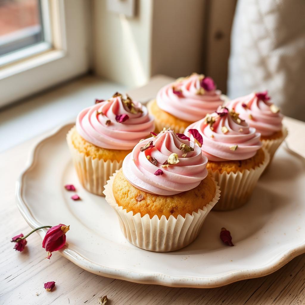 Eggless rose and pistachio cupcakes with pale pink buttercream, dried rose petals and chopped pistachios