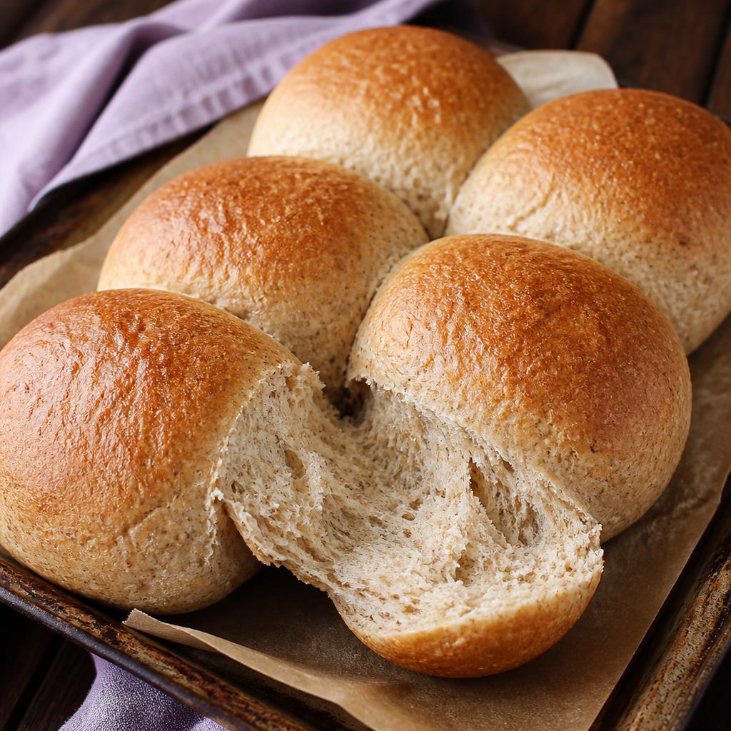Six golden-brown soft buckwheat bread rolls on a baking tray, one pulled apart to show a fluffy crumb