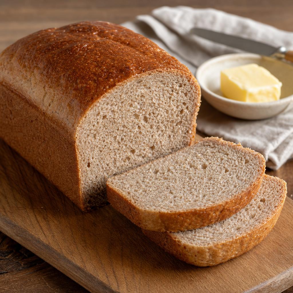 A golden-brown soft buckwheat Ekadashi bread loaf, partially sliced, showing a light tender crumb on a wooden board with butter