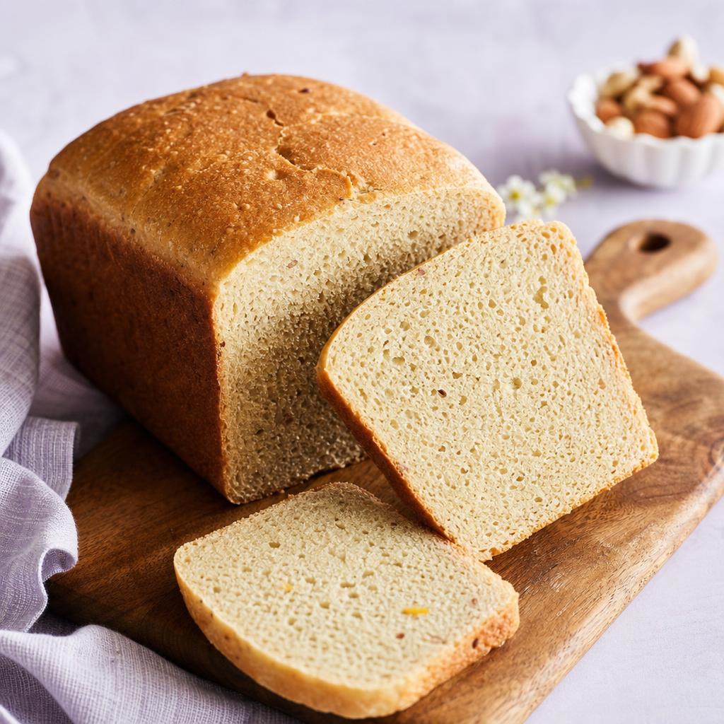 A golden-brown soft Ekadashi bread loaf, partially sliced, showing a tender crumb on a wooden board