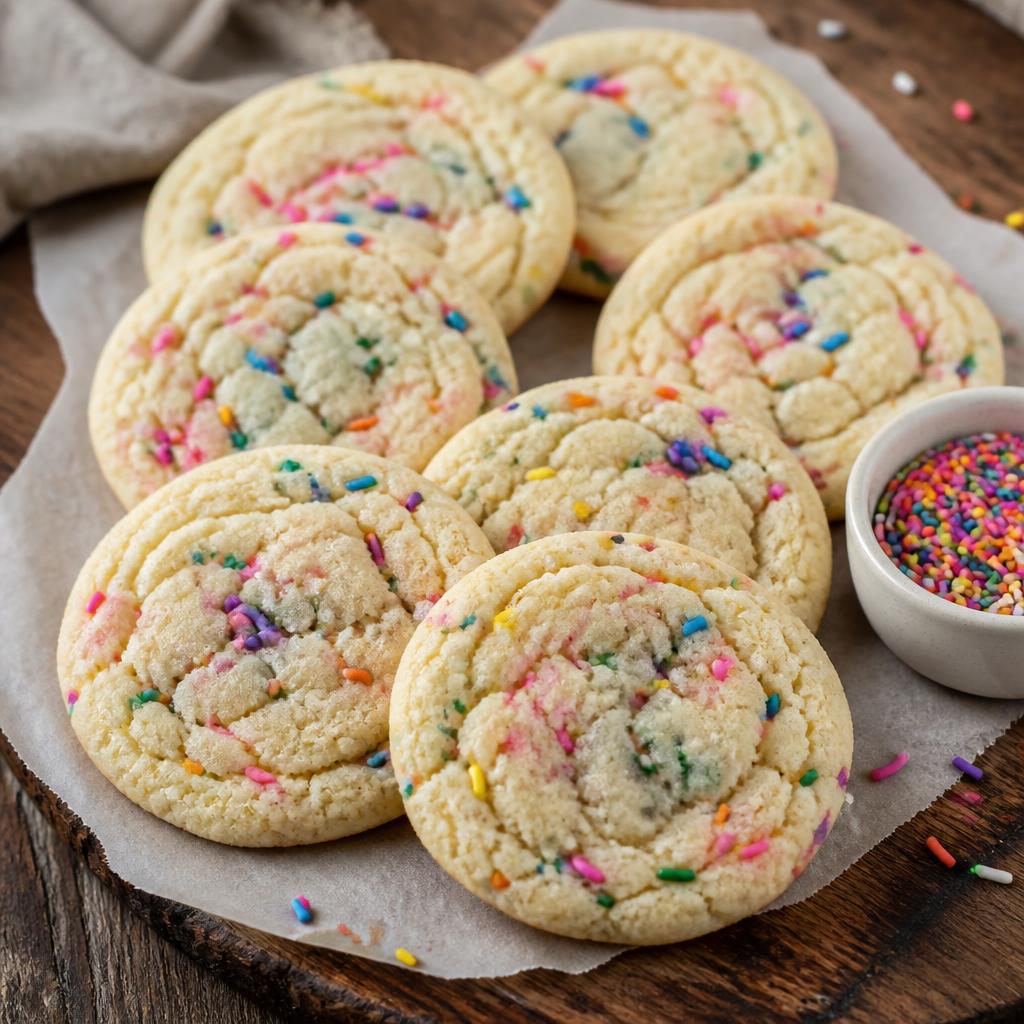Soft eggless sugar cookies covered in rainbow sprinkles on a cream plate