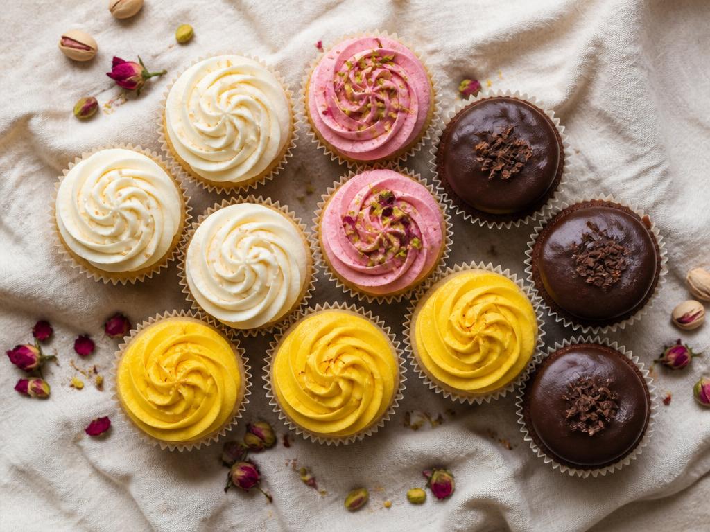 A selection of eggless cupcakes arranged together: vanilla, rose-pistachio, saffron and chocolate
