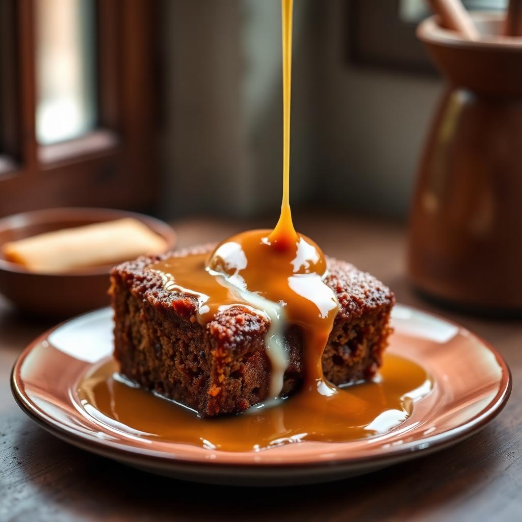 Eggless sticky toffee pudding drizzled with warm toffee sauce on a ceramic plate