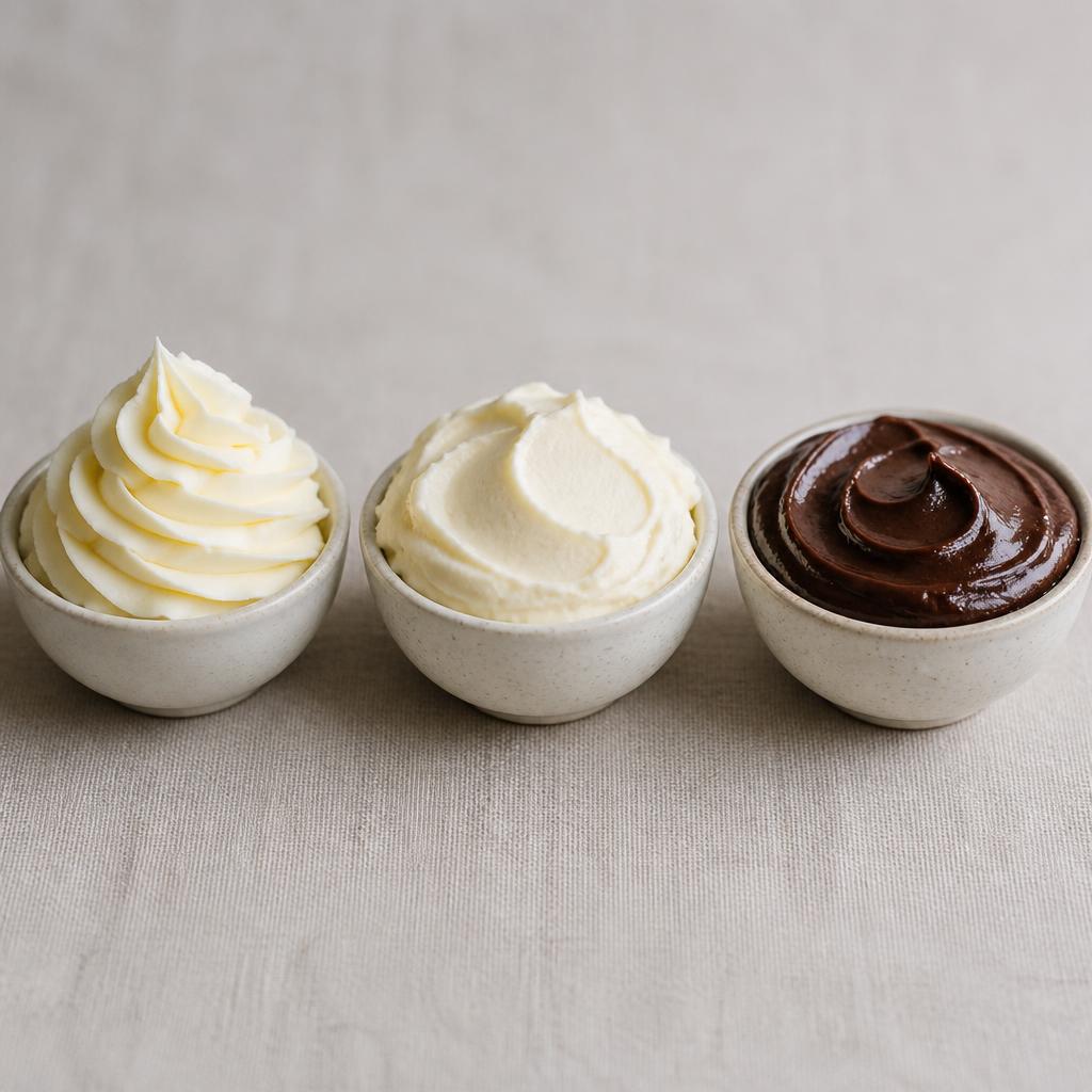 Three bowls of icing: vanilla buttercream, cream cheese frosting and chocolate ganache