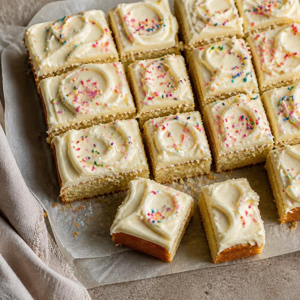 Eggless vanilla tray bake squares topped with vanilla frosting and pink sprinkles