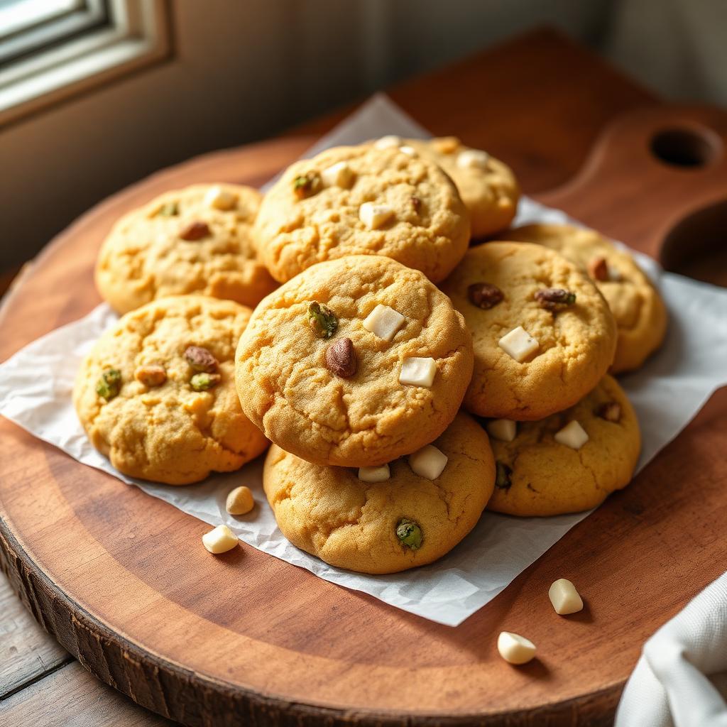Chewy eggless cookies loaded with white chocolate chunks and pistachios on parchment